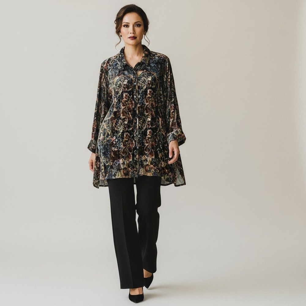 Soft Surroundings Silk Blend Velvet Floral Tapestry Button Down Shirt 1X 5EM11